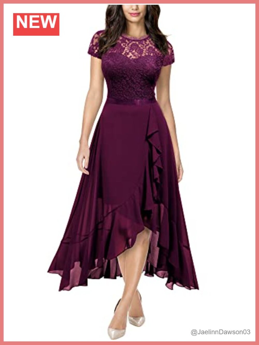 Womens Retro Lace Contrast Chiffon Ruffle Evening Maxi Dress Scoop Neck